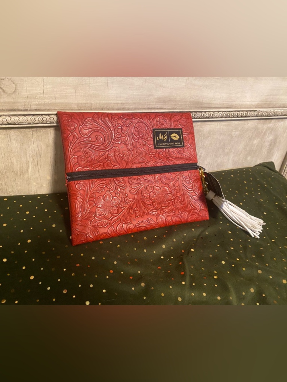 NWT Makeup Junkie Bag GOLD LABEL Tooled Red Leather SMALL